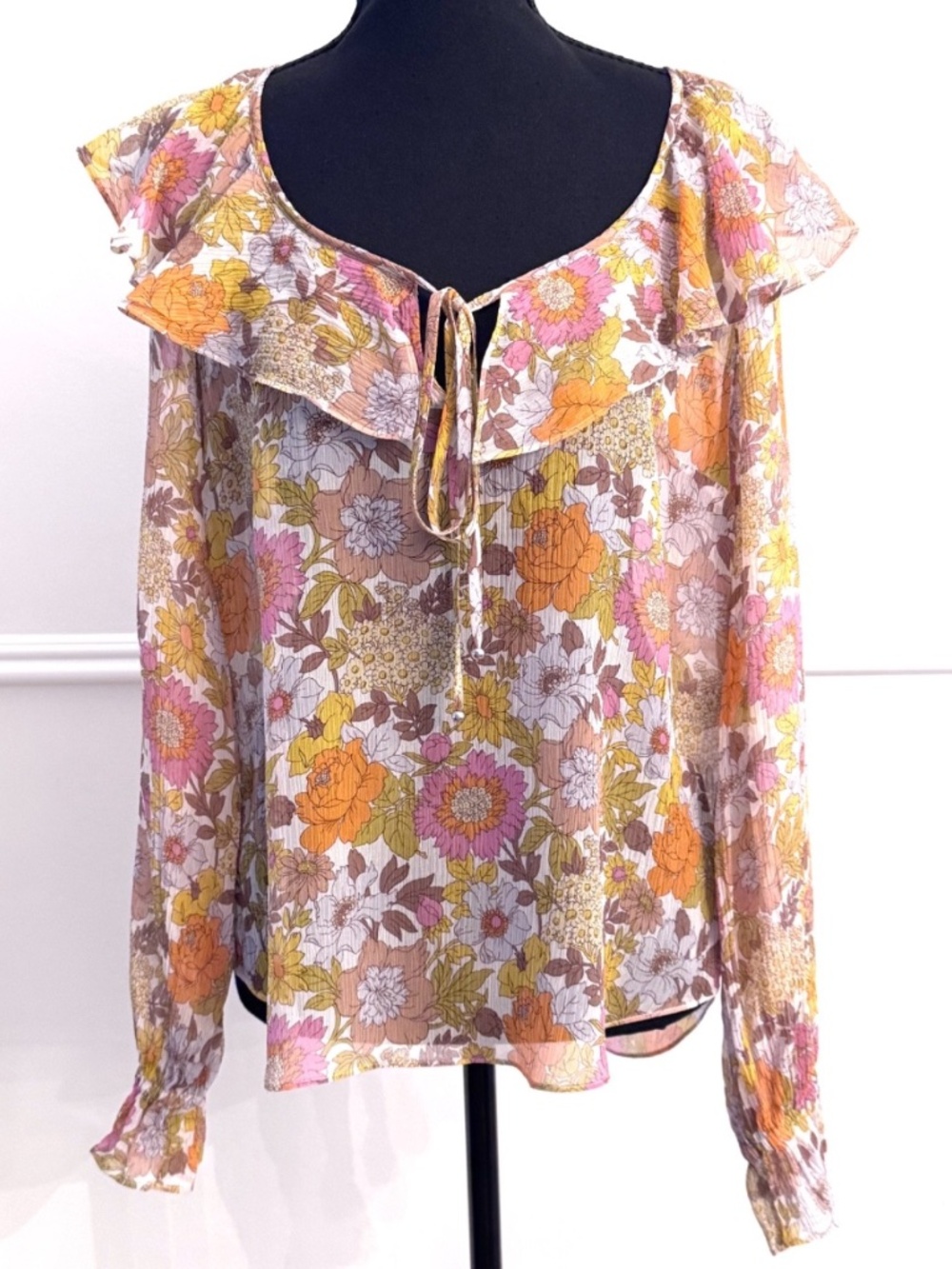 Veronica Beard Kitt Silk Blouse Floral Ruffle Tie Neck Long Sleeve Top Size 10